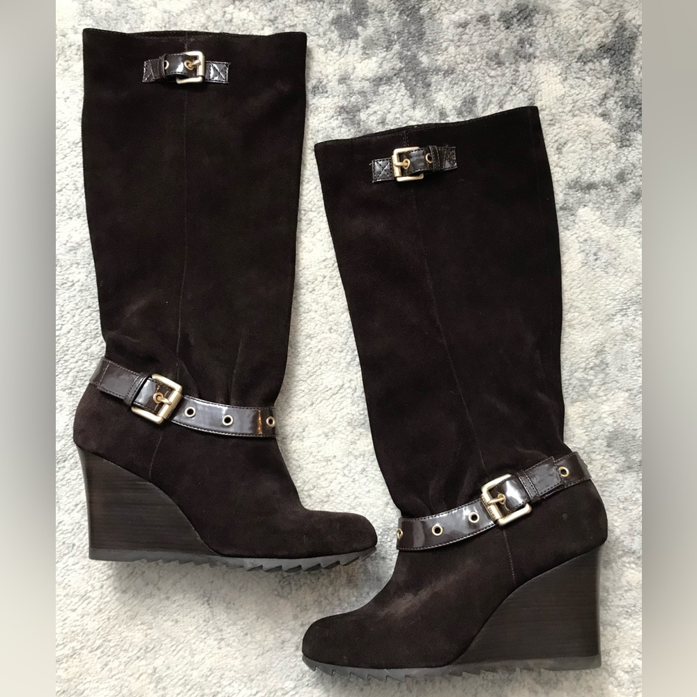 Michael Kors Norma Chocolate Brown Suede Tall Wedge Boots 10 Buckles Strappy